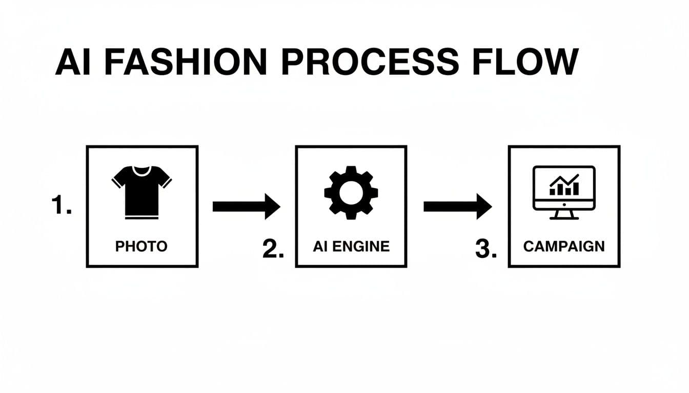 Flowchart illustrating the AI fashion design process: from photo input to AI engine processing and final campaign output.