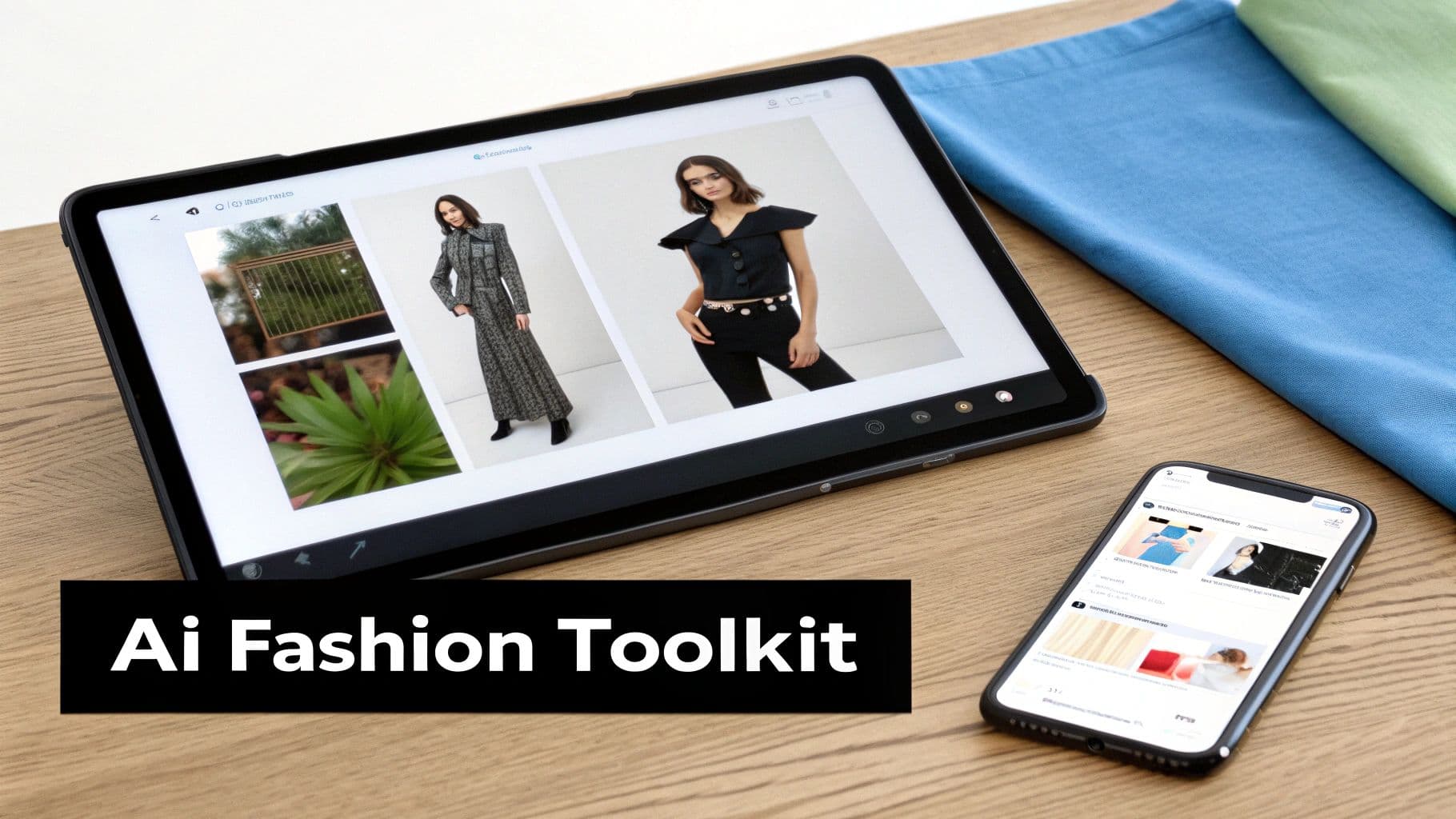 Tablet displaying AI fashion designs, a smartphone, and fabric swatches on a wooden table.