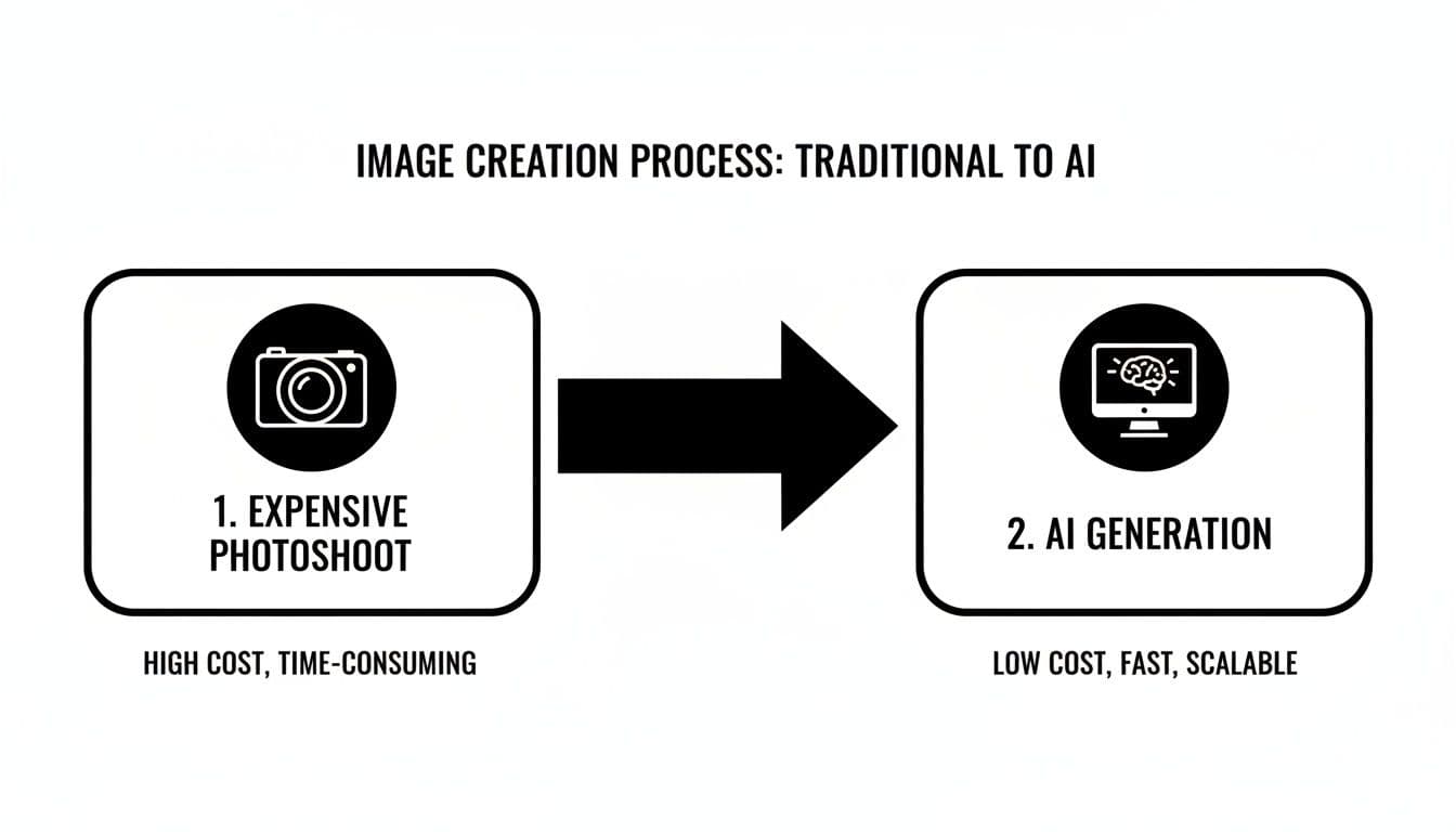 Diagram showing the shift from traditional expensive photoshoots to low-cost, fast AI image generation.