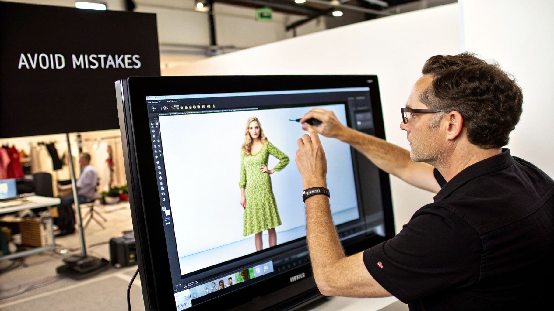 Man digitally editing a fashion photo of a woman in a green dress on a large touchscreen with a stylus.