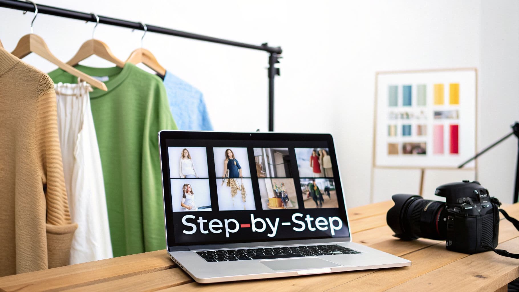 A laptop shows fashion photography tutorials, a camera, and clothes on a rack in a studio setting.