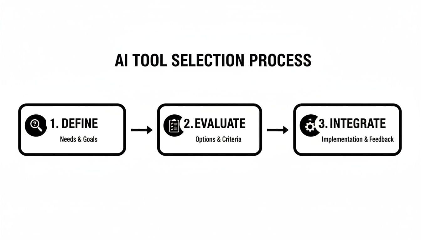Flowchart detailing the AI tool selection process with steps for defining needs, evaluating options, and integration.