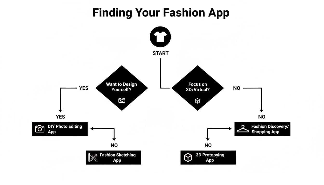 A flowchart titled 'Finding Your Fashion App' helps users select an app based on design and virtual focus.