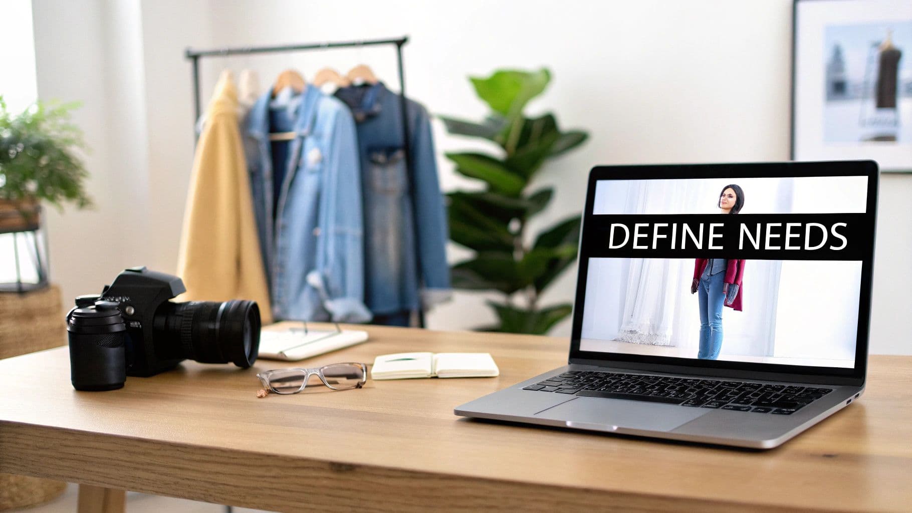 A fashion designer's wooden desk with camera, laptop displaying 'DEFINE NEEDS', glasses, and clothes rack.