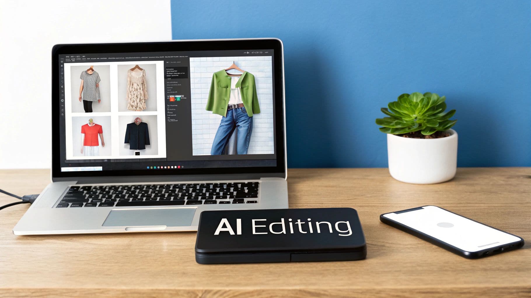 A laptop on a desk displays fashion product photos being edited with an 'AI Editing' device.