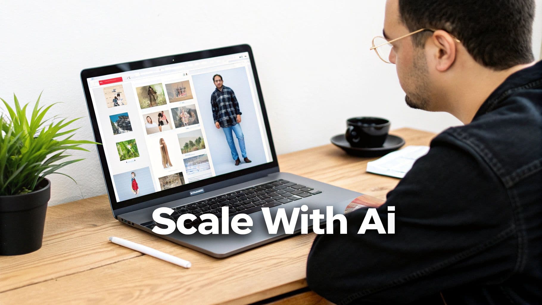A man views clothing brand photography on a laptop screen, with 'Scale With Ai' overlaid.