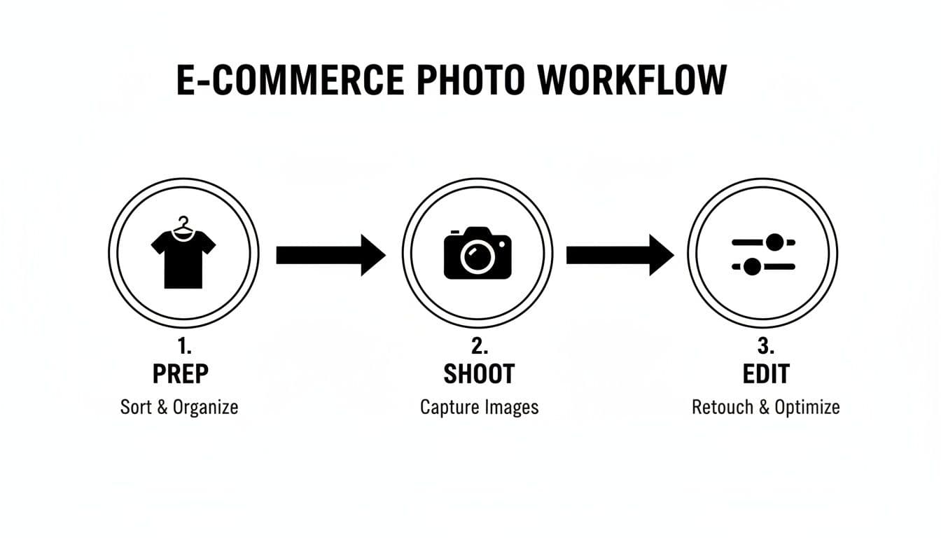 A three-step e-commerce photo workflow diagram showing prep, shoot, and edit stages with icons.