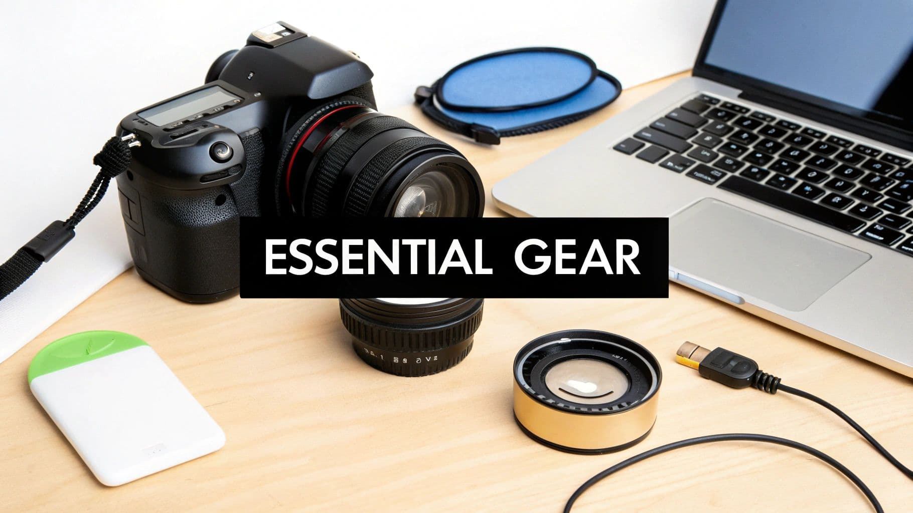 A flat lay of essential photography and tech gear including a camera, lenses, and a laptop on a wooden desk.