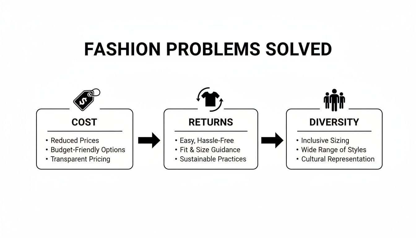 Flowchart detailing how fashion problems are solved regarding cost, returns, and diversity with specific solutions.