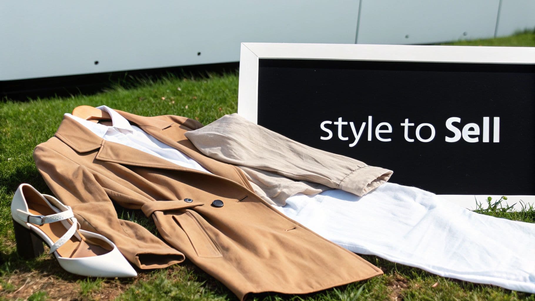 Flat lay of a trench coat, shirt, pants, and heels on grass, near a 'Style to Sell' sign.