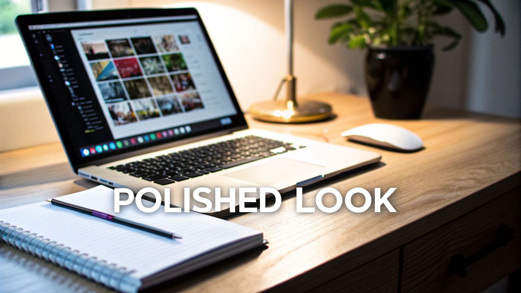 A modern workspace featuring a laptop, mouse, lamp, plant, notebook, and pen on a wooden desk.
