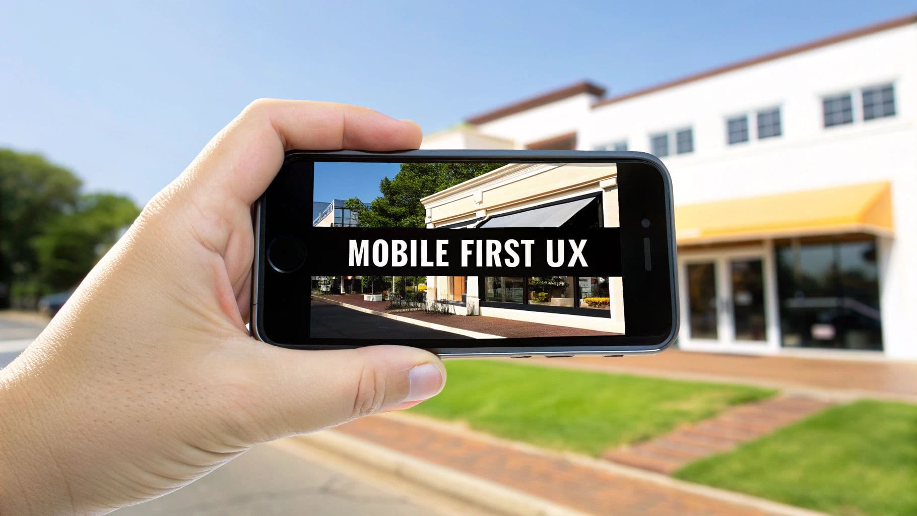 A hand holds a smartphone displaying 'MOBILE FIRST UX' over a street scene with buildings.