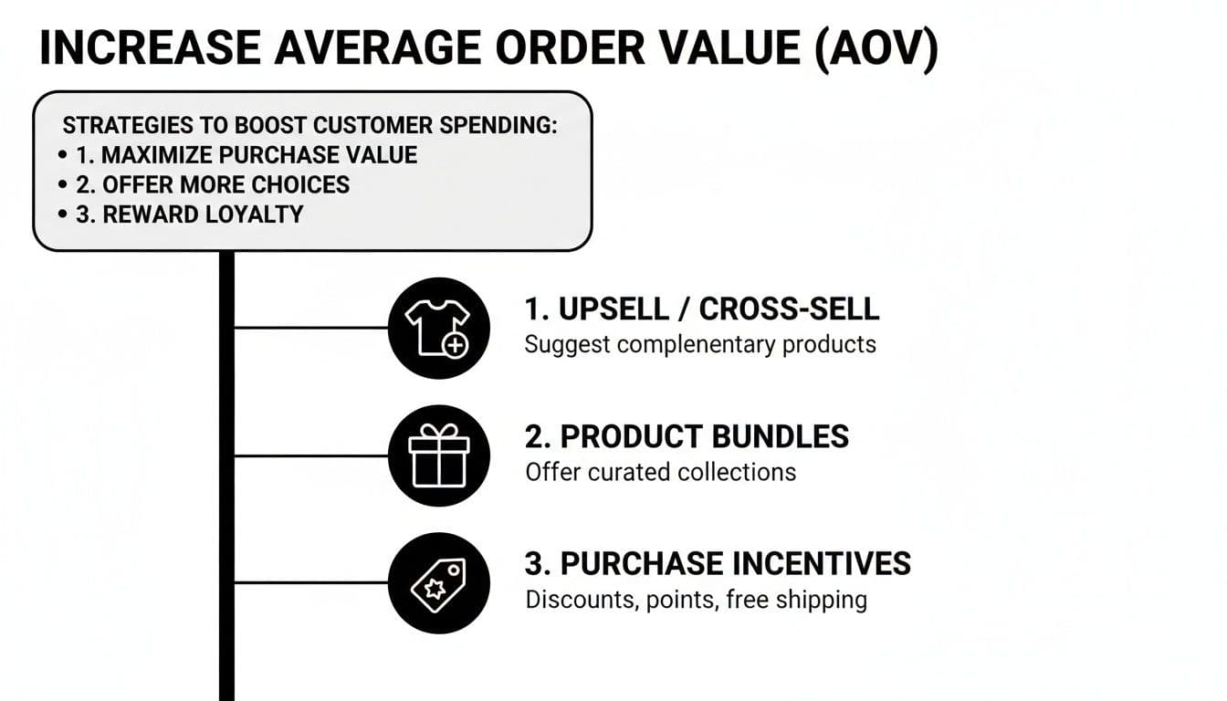 Diagram showing strategies to increase average order value (AOV) through upsell, bundles, and incentives.