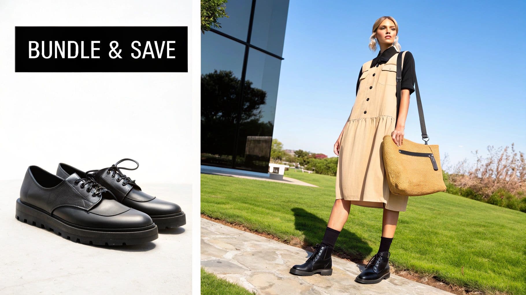 A pair of black chunky sole shoes and a woman's fashion outfit with a 'BUNDLE & SAVE' banner.