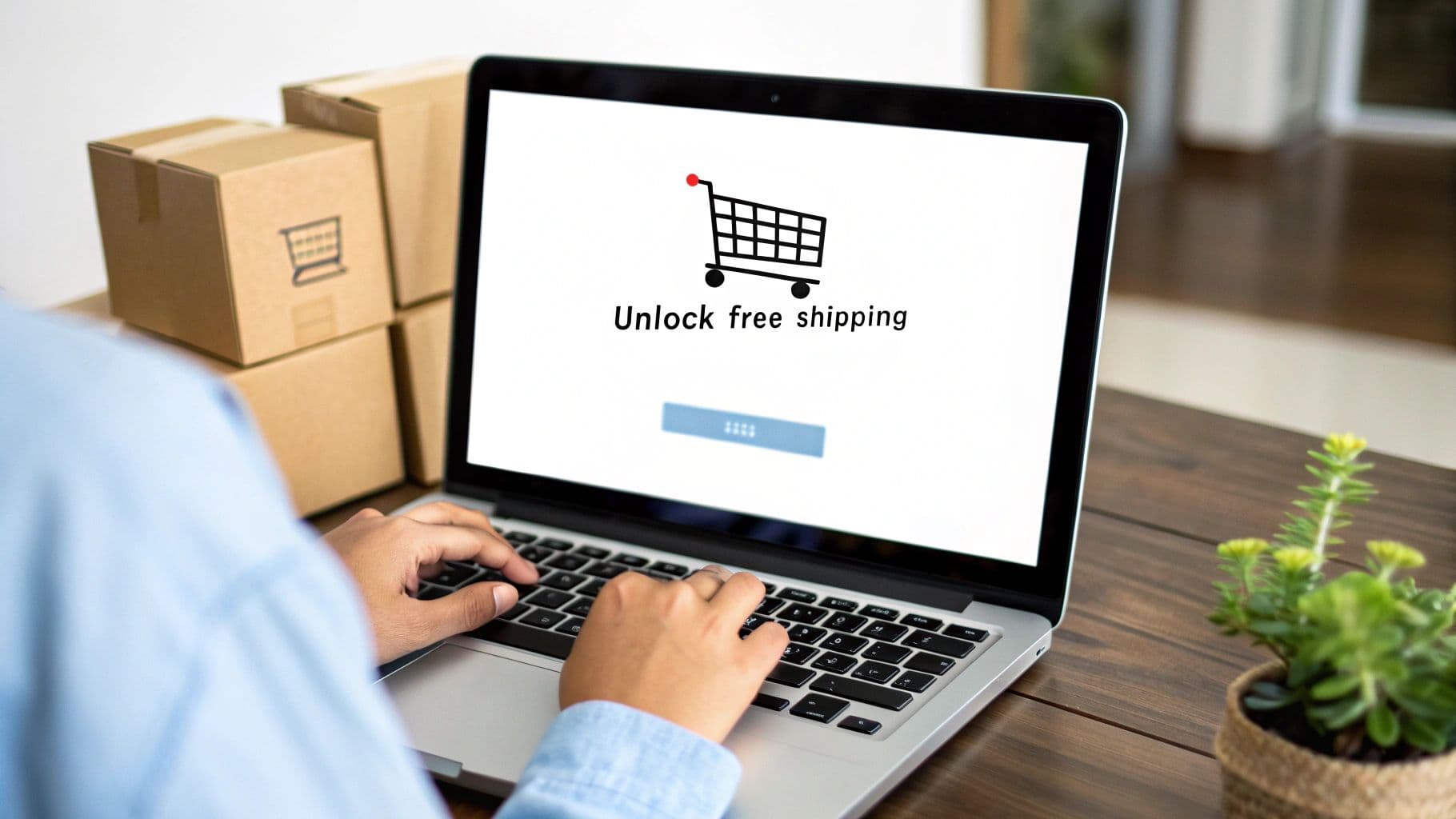 Person types on a laptop showing 'Unlock free shipping' with a shopping cart icon, surrounded by shipping boxes.