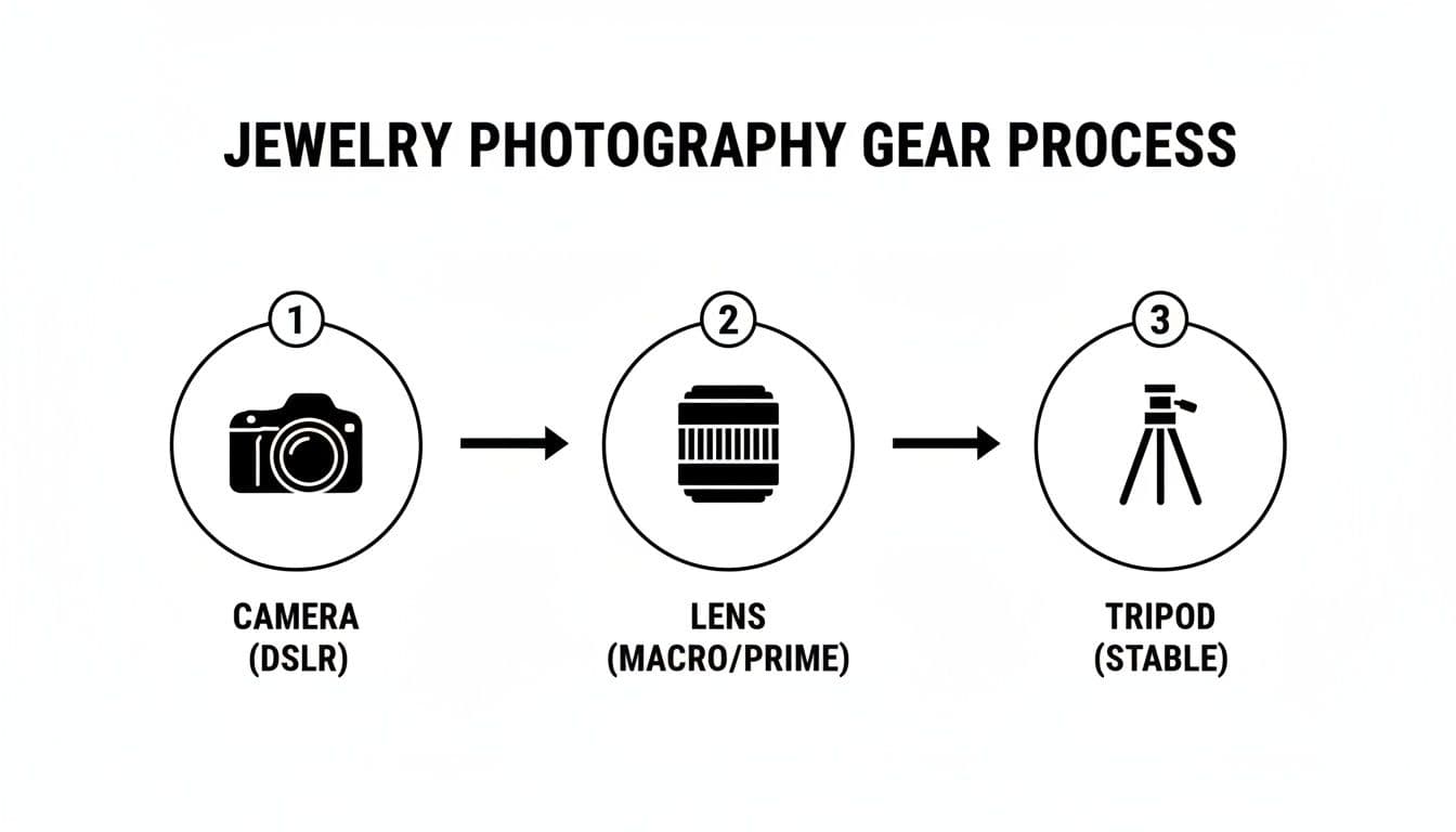 Diagram showing the essential gear for jewelry photography: camera, lens, and stable tripod.