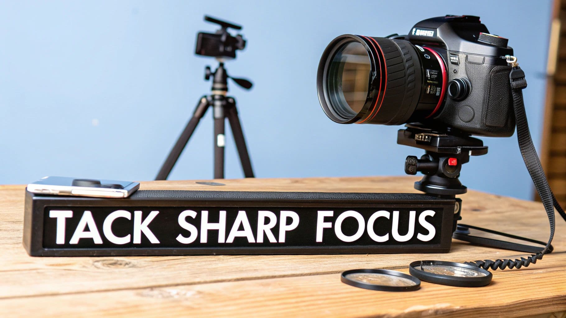 A professional camera with a large lens, smartphone, and "TACK SHARP FOCUS" sign on a wooden table.
