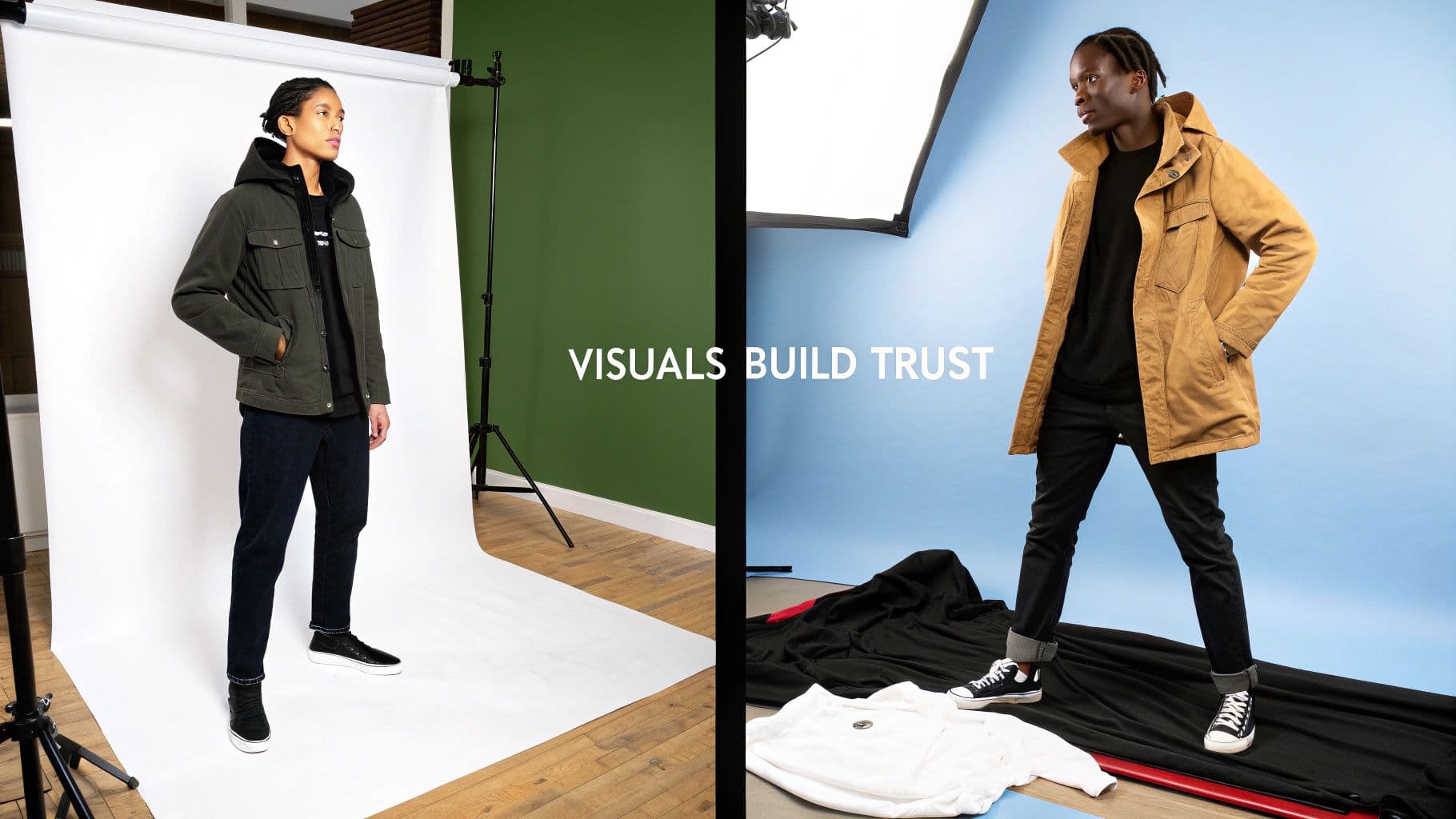 Two models showcase casual clothing in a photo studio, highlighting visual trust for e-commerce.