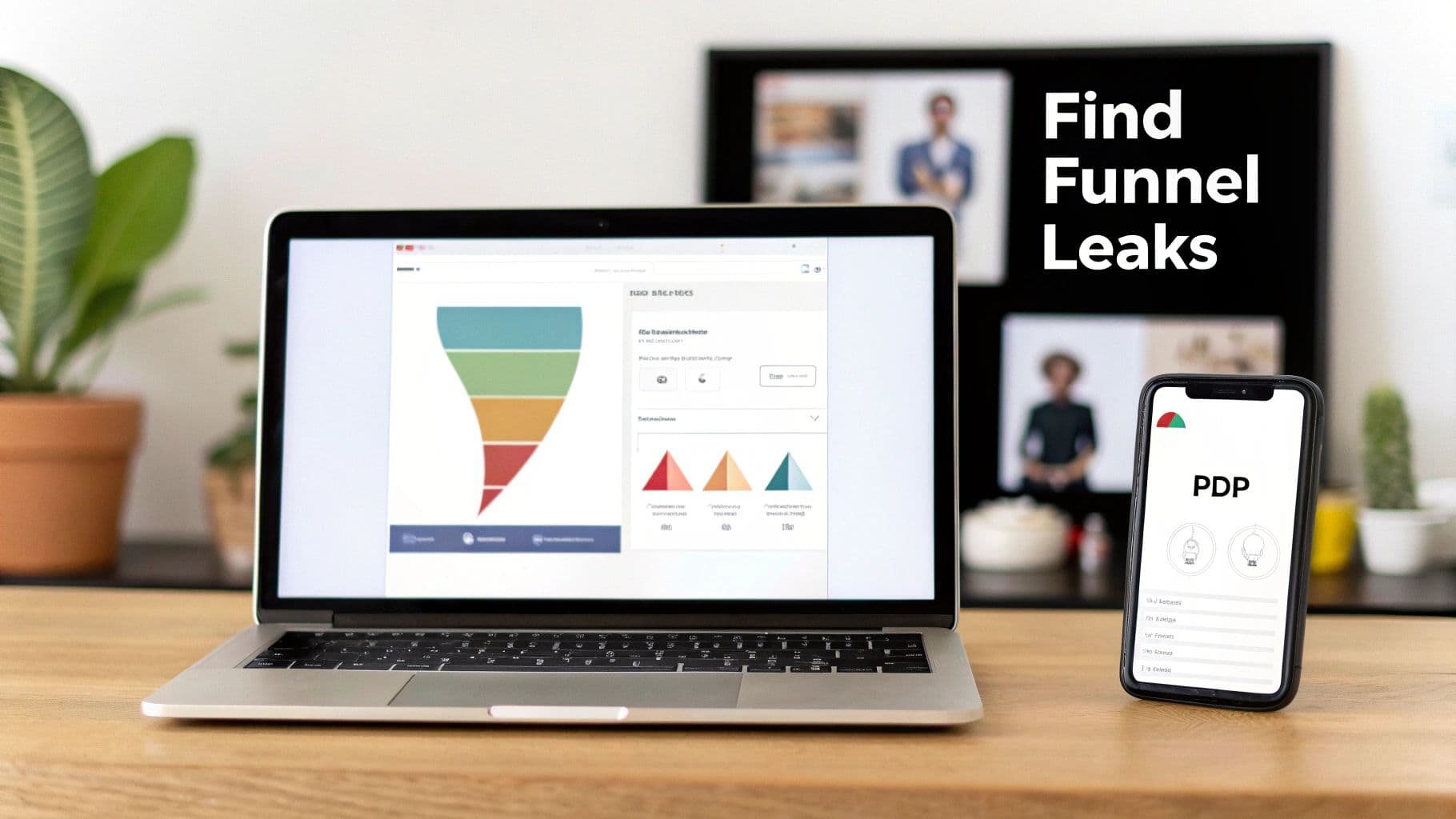 Digital marketing workspace showing e-commerce funnel analysis on a laptop and product page on a smartphone.