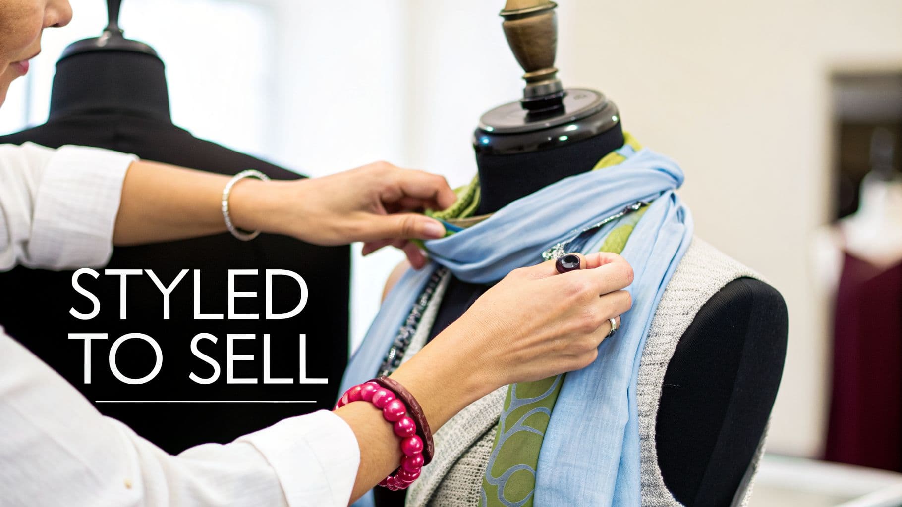 Close-up of hands styling a blue scarf and necklace on a mannequin, with "STYLED TO SELL" text.