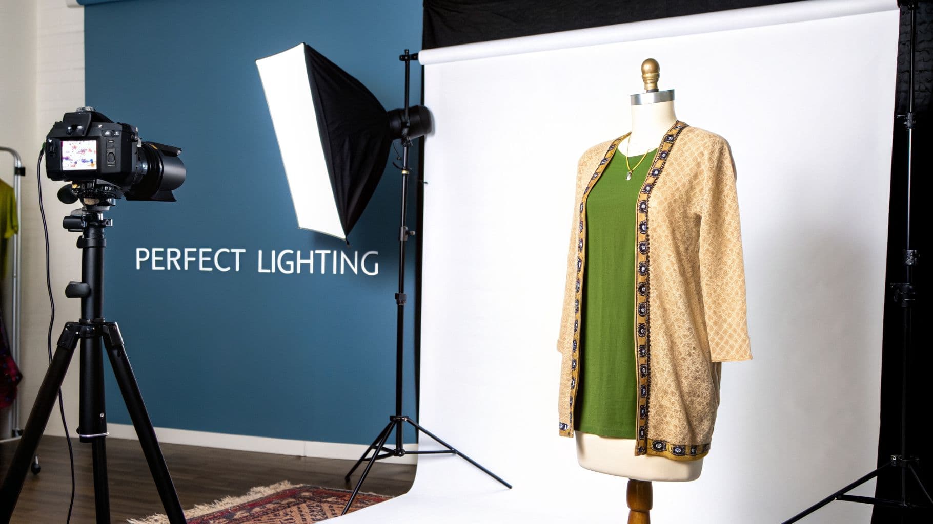 A professional photography studio with a camera on a tripod, softbox light, and a mannequin displaying a green top and patterned cardigan against a white backdrop.