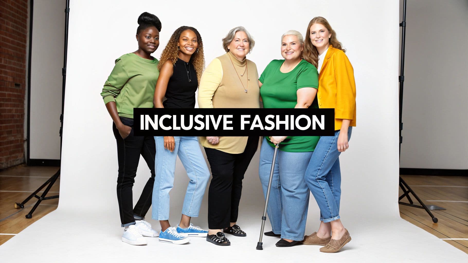 Five diverse women of different ages and body types smiling, promoting inclusive fashion.
