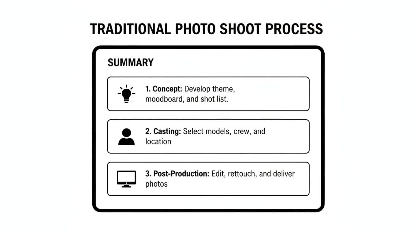 A diagram outlining the three traditional photo shoot process steps: Concept, Casting, and Post-Production.
