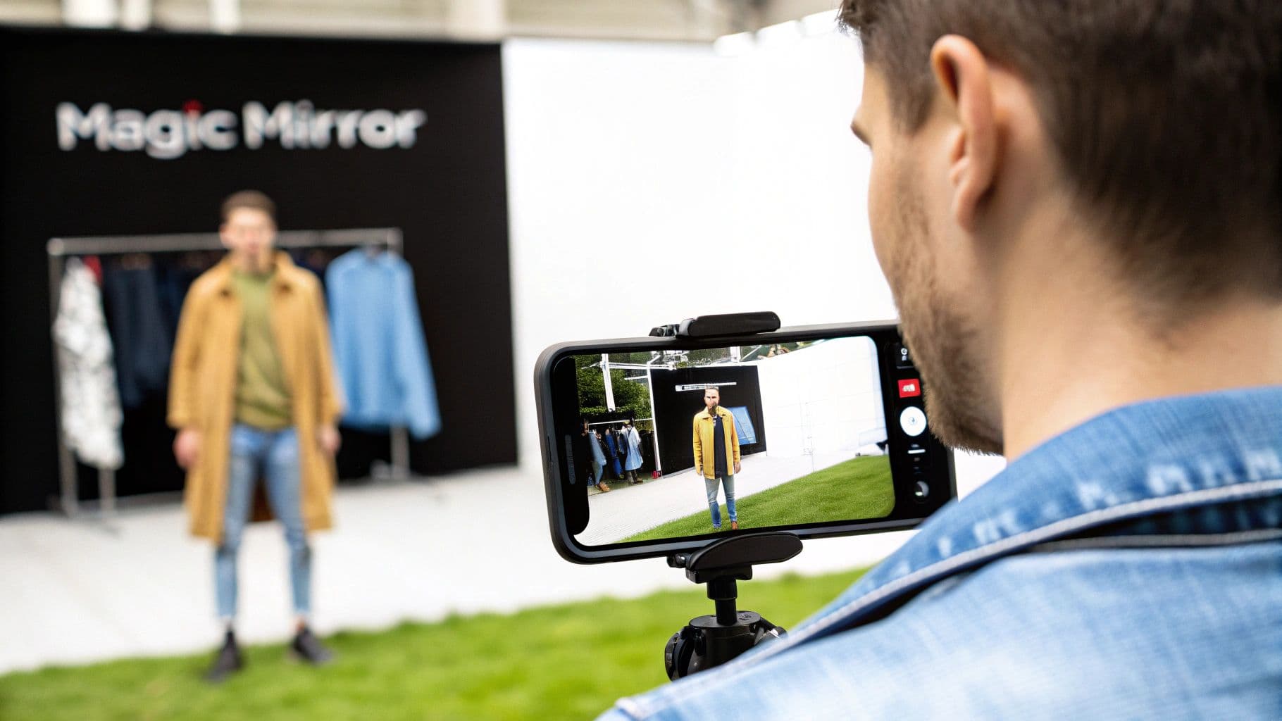A hand holds a smartphone showing a woman using a virtual try-on app for clothes, with 'TRY BEFORE YOU BUY' text.