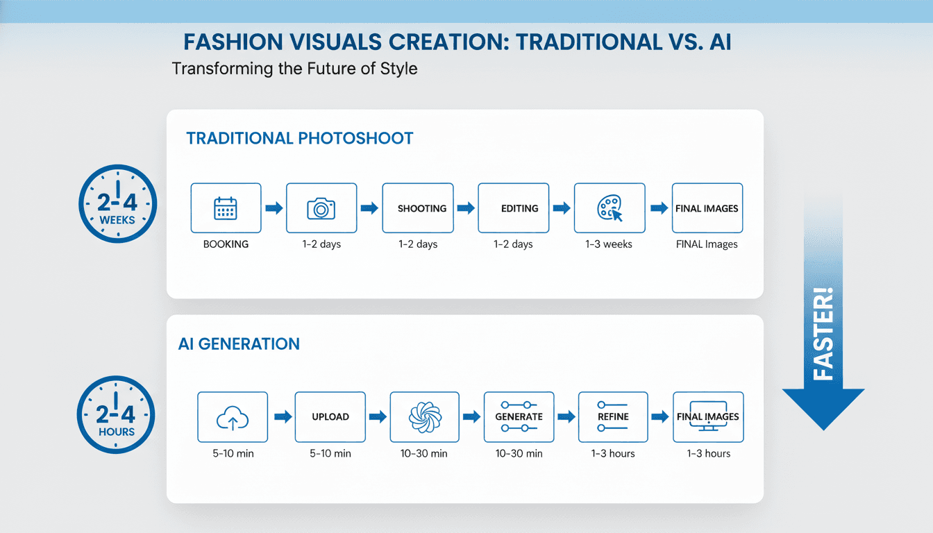 Speed comparison between traditional fashion photography and AI generation