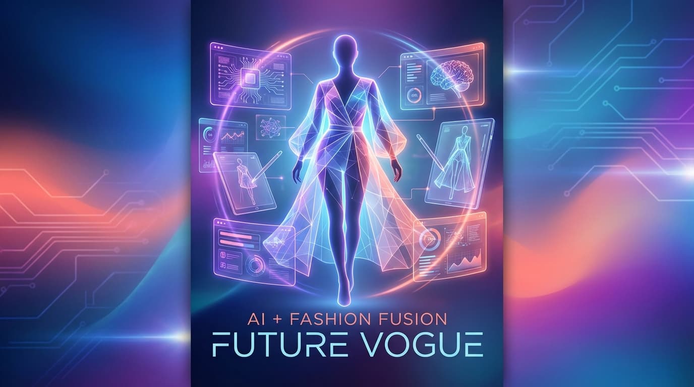 AI tools for fashion brands - futuristic illustration showing AI technology and fashion design fusion with holographic interfaces and neural network patterns