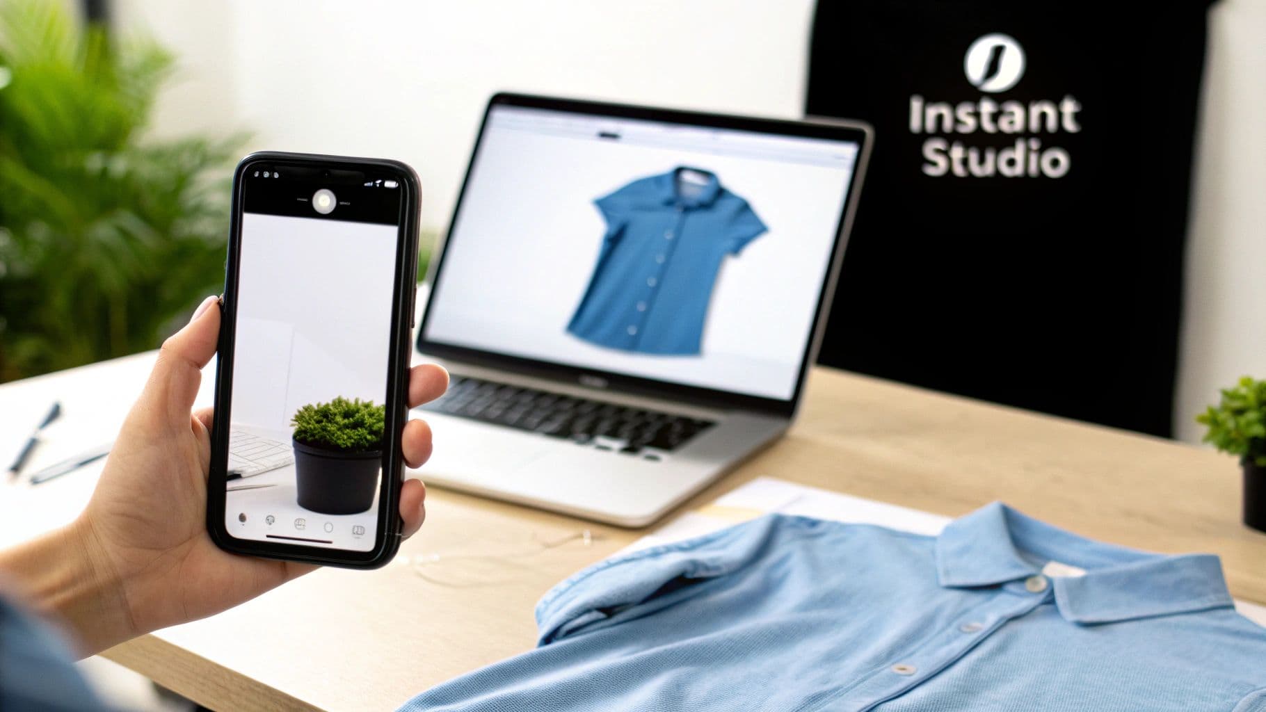 Person using a smartphone for product photography, with a laptop displaying a shirt and a blue shirt on the table.