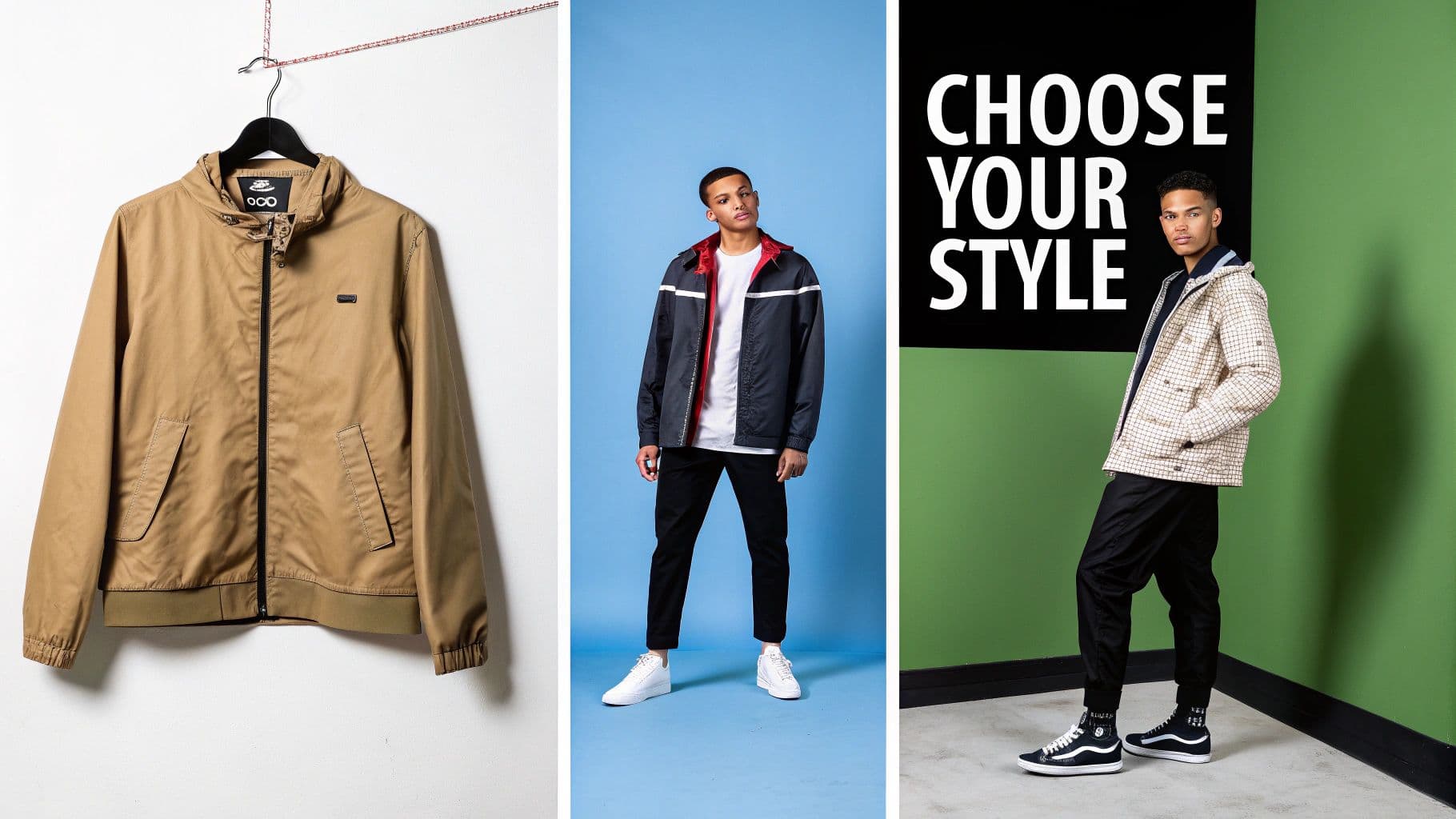 Multiple men's fashion styles presented, featuring various jackets and outfits, with a 'Choose Your Style' message.